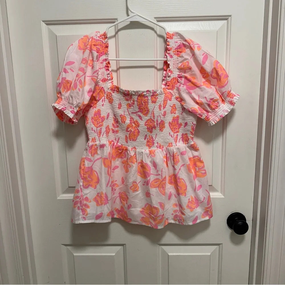 Vineyard Vines Summer Bloom Floral Smocked Puff Sleeve Cotton Top Size Medium